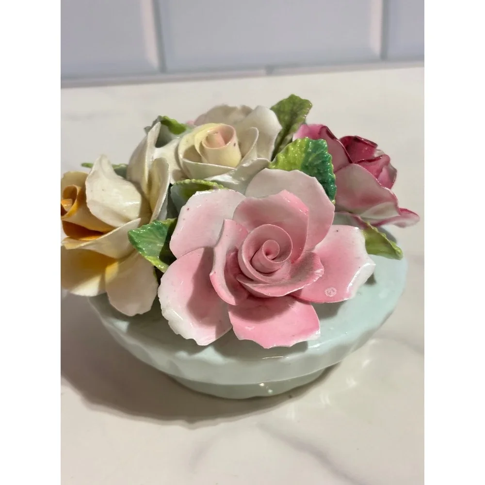 Vintage Porcelain Rose Floral Cluster Figurine Pink Yellow Burgundy Bouquet